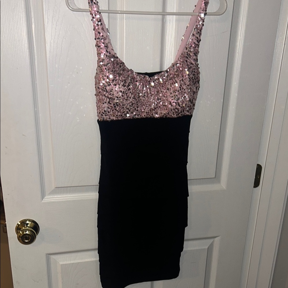 Deb Pink and Gold Sequin Ruched Mini Dress